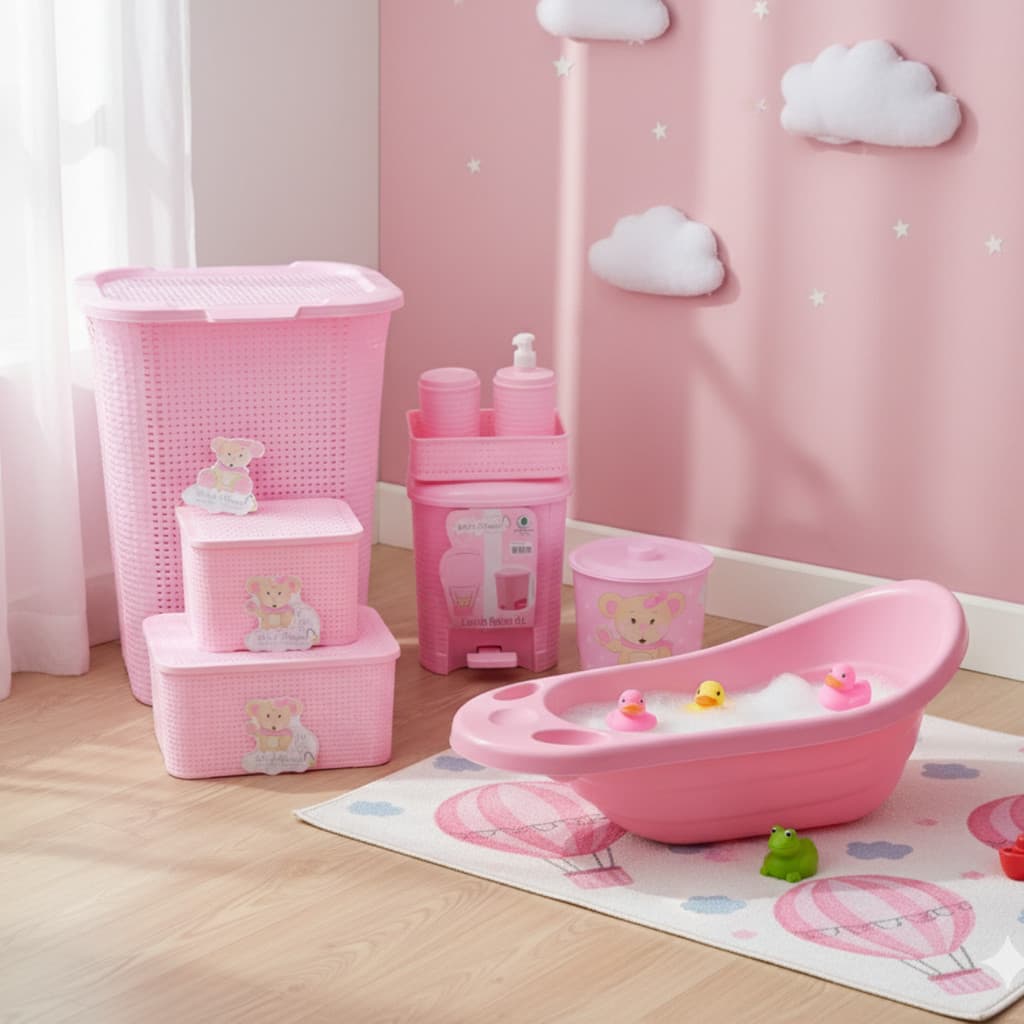 Kit 7 peças Bebe Completo Rosa Linha Baby - Monte Líbano - Cesto, Lixeira, Banheira, Caixas