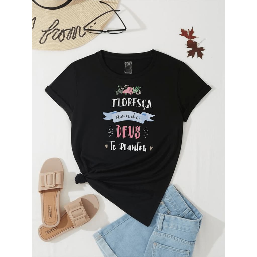 Básica feminina t-shirt estampa floresça aonde Deus te plantou casual estampada 100% algodão
