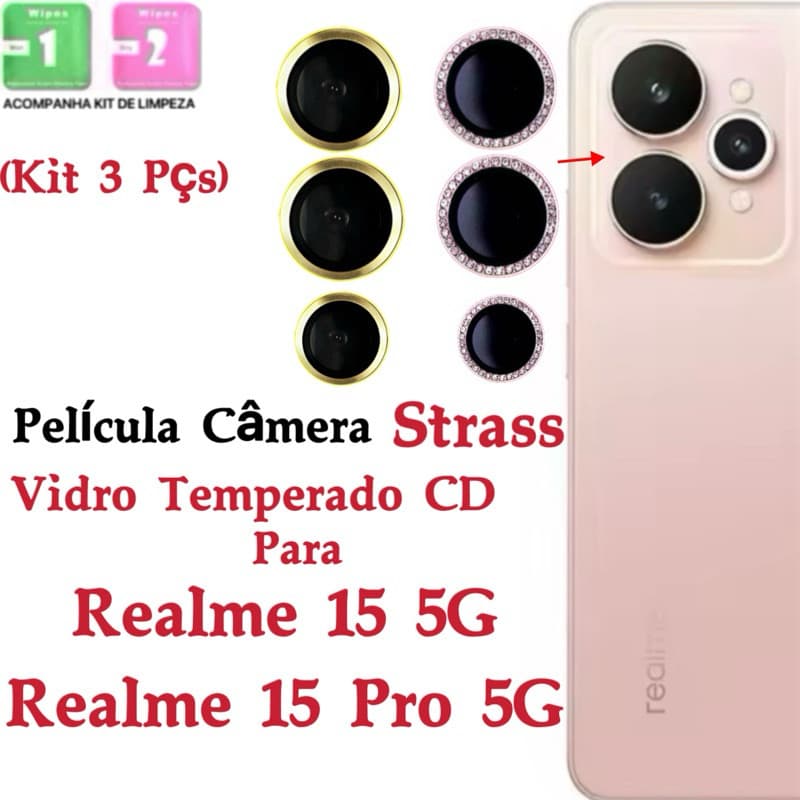 Kit (*3Pçs) Película Câmera Para Realme 15  Realme 15 Pro Diamante Anel Metal protetor lente Traseira Vidro Temperado