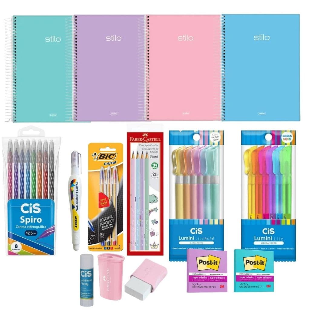 KIT CADERNO STILO 4 CORES MATERIAIS DE ESCRITA MARCA TEXTO BORRACHA COLA APONTADOR ERROREX 2 POST IT