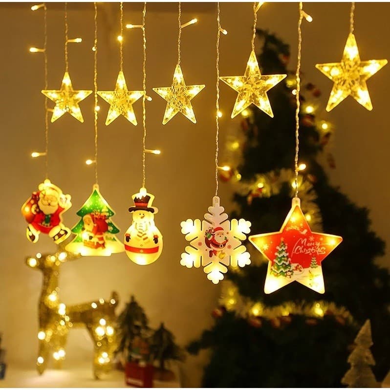 Cascata Varal  Cordão De Leds Com Bonecos De Natal  Com Pisca 8 Funções 3 metros Branco Quente 110v