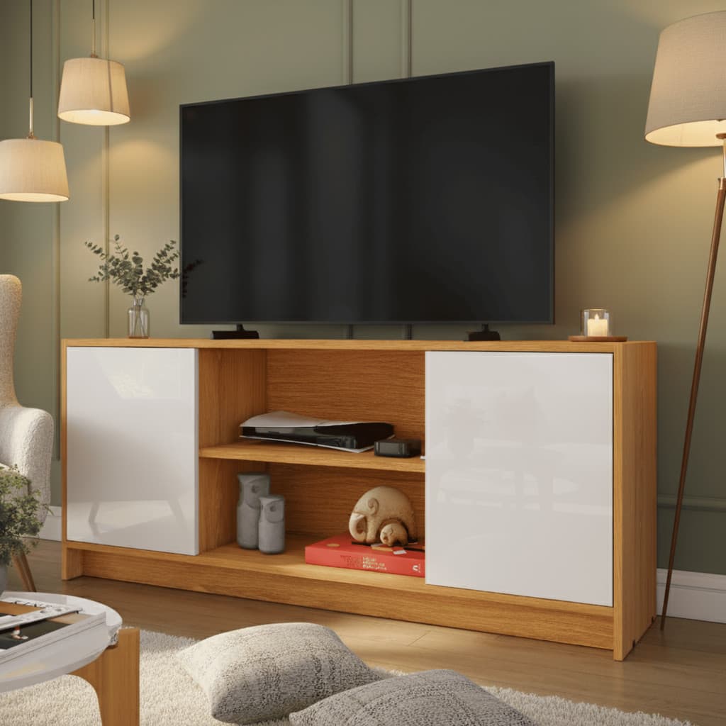 Rack Bacanda 108cm 2 Portas Compacto Nature/Off-White Tv 43 Pol Moderno