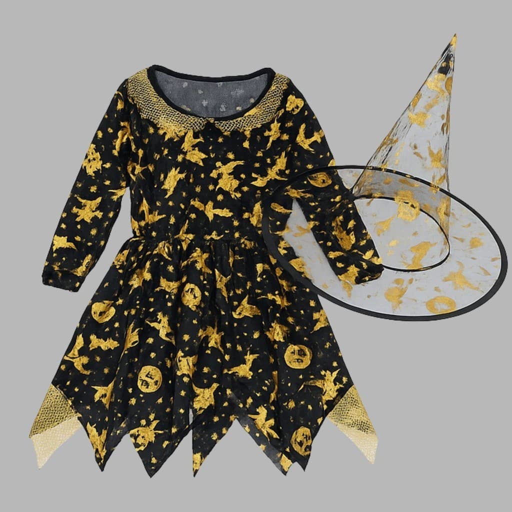 Kit Fantasia Infantil Halloween Dourado – Vestido com Chapéu 🎃✨  Descrição: