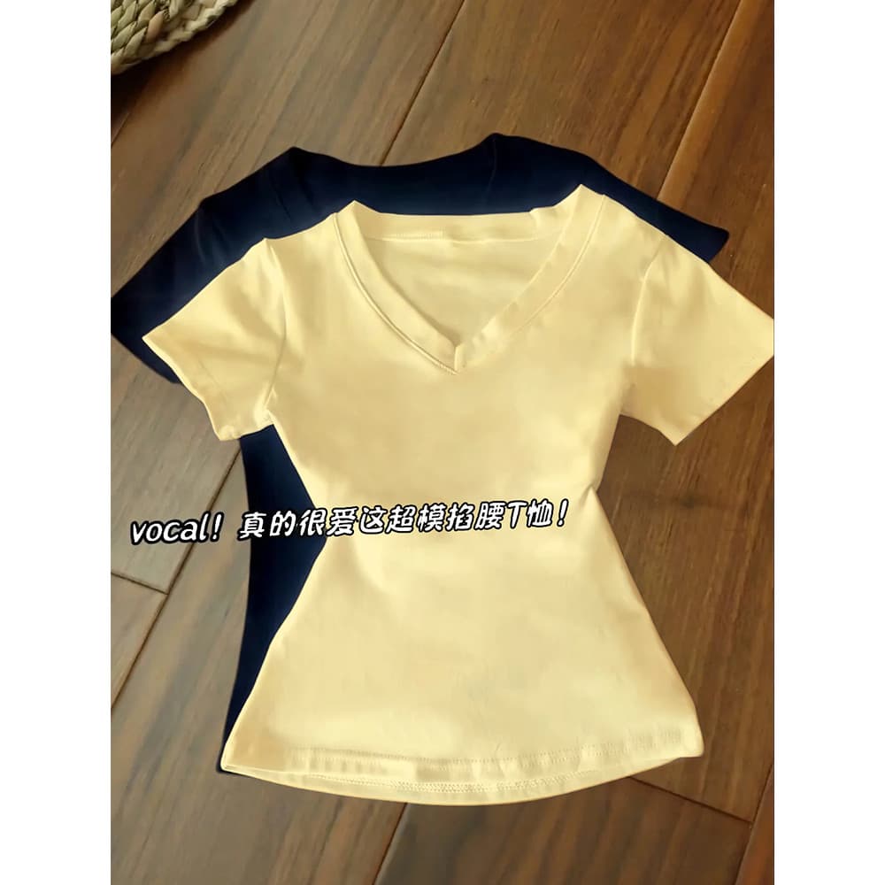 Amarelo cremoso com decote em V de manga curta camiseta feminina verão curto topo meia manga magro-ajuste branco topo 20