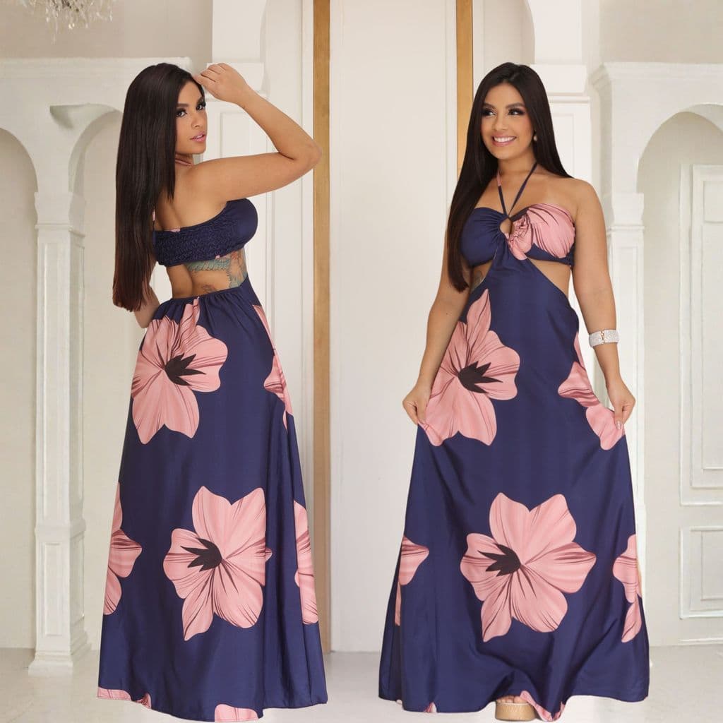 Vestido Longo Floral Azul Feminino Perfeito para Festas e Ocasiões Especiais
