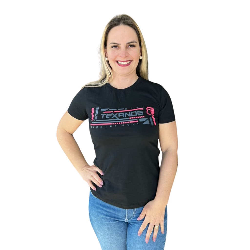 CAMISETA FEMININA TEXANOS MANGA CURTA PRETA ESTAMPADA REF: 12583