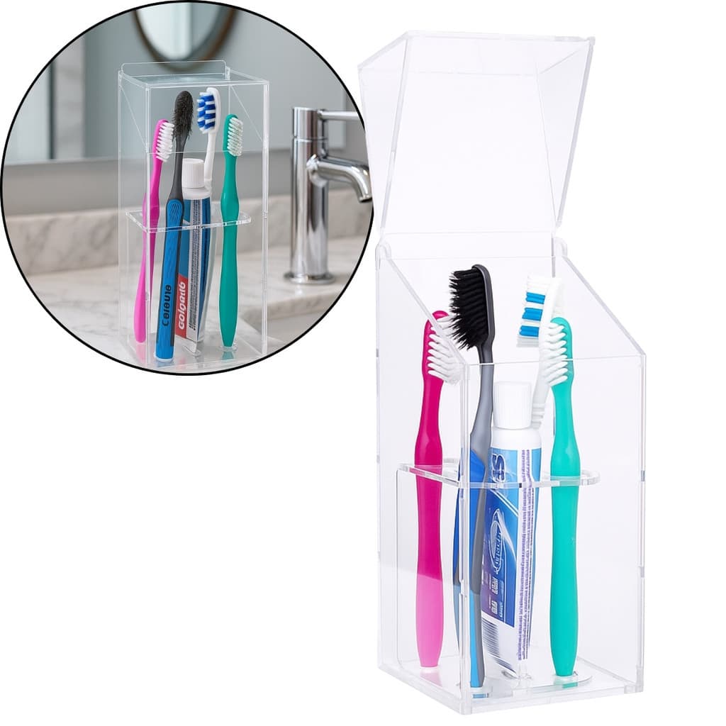 Suporte Escova Dentes Com Tampa Porta Acrílico Cristal Incolor Banheiro Decoração Bancada