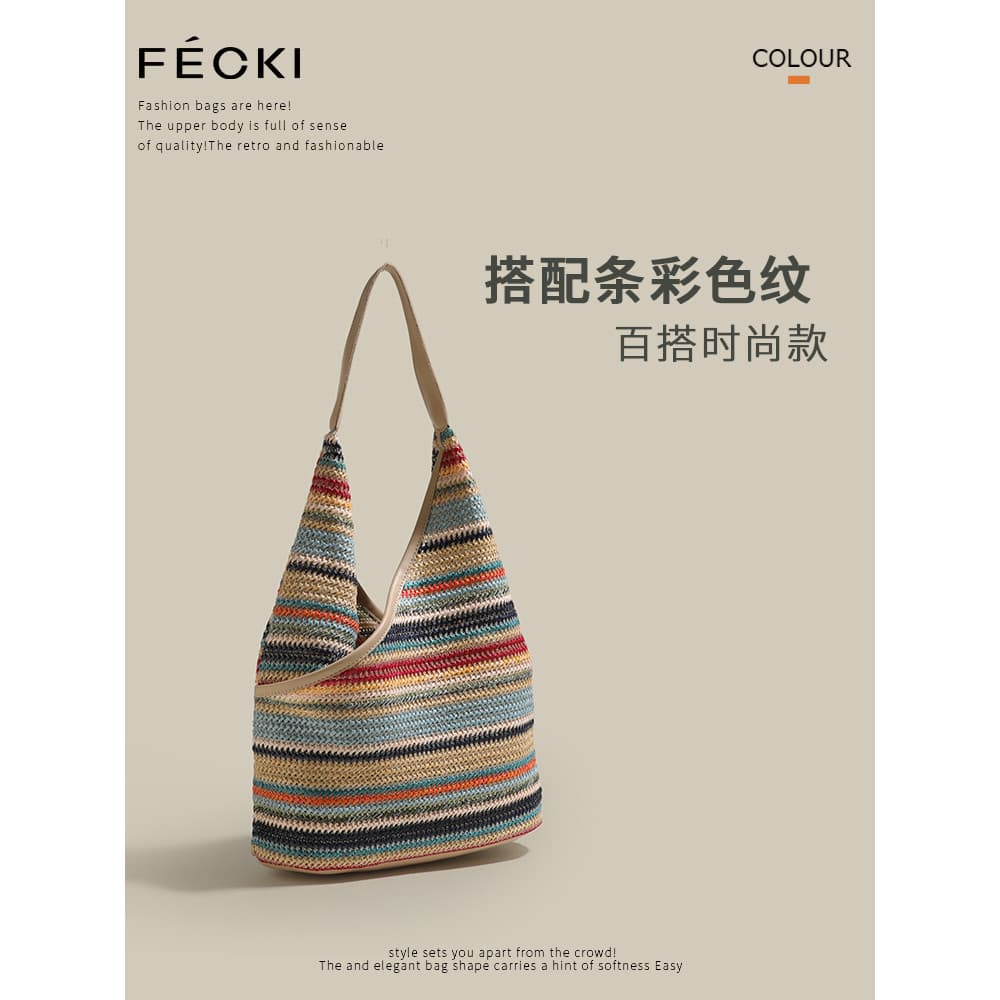 FECKI primavera beira-mar viagem férias tecido saco feminino 2025 novo estilo grande capacidade lazer palha sacola