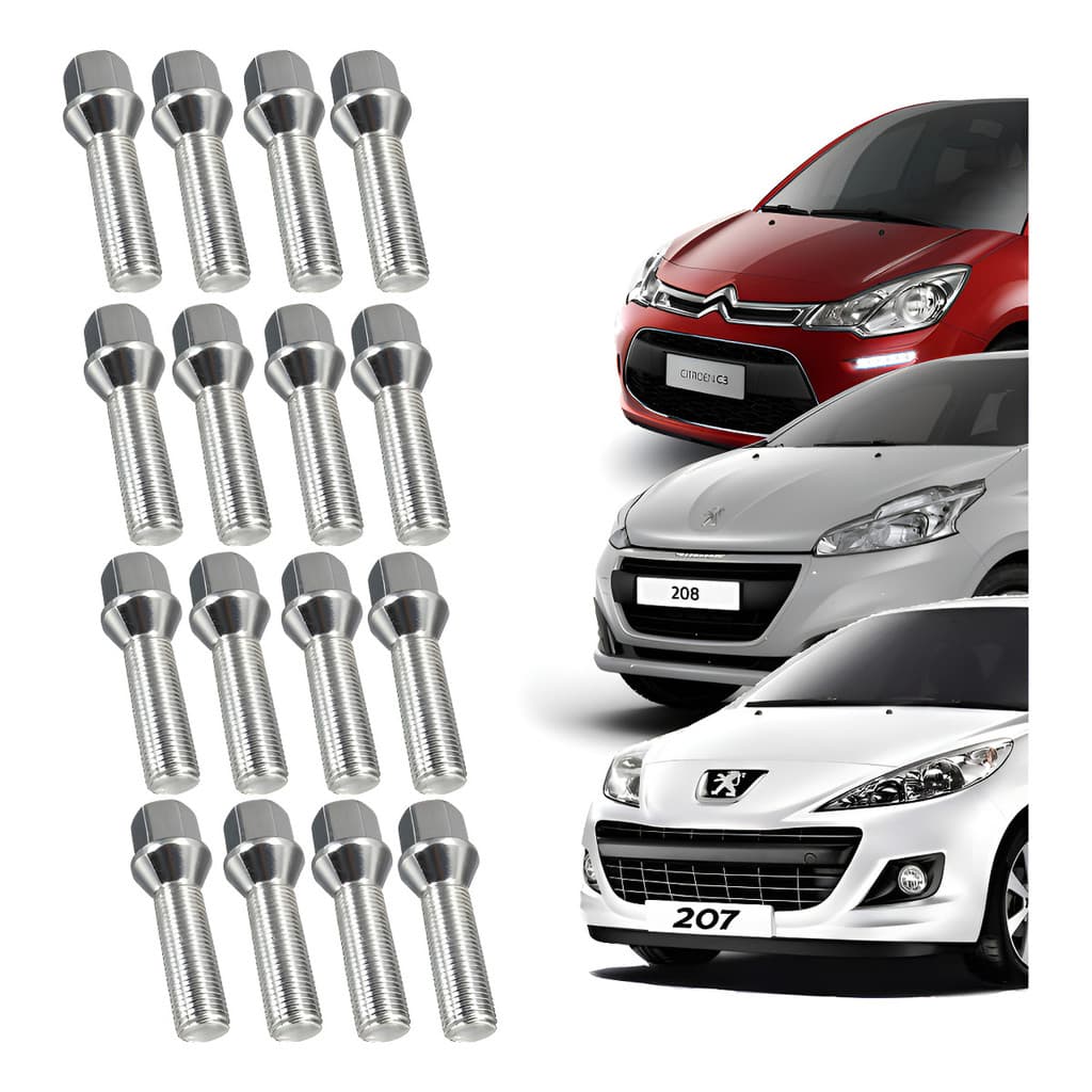 Jogo 16 Parafusos Longo Cromado Roda Peugeot 208 207 Citroen - Peugeot