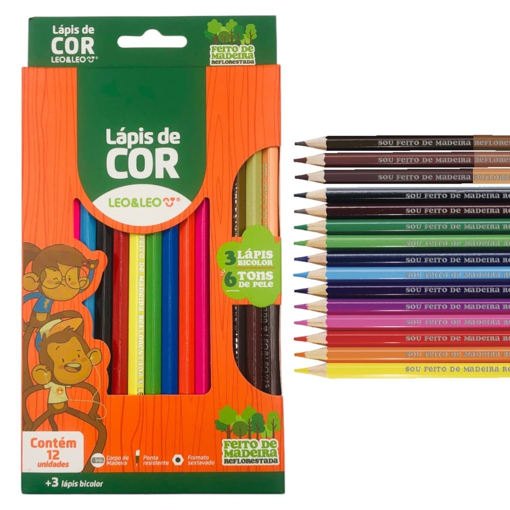 Lápis De Cor 12 Cores +3 Lápis Bicolor 6 Tons De Pele