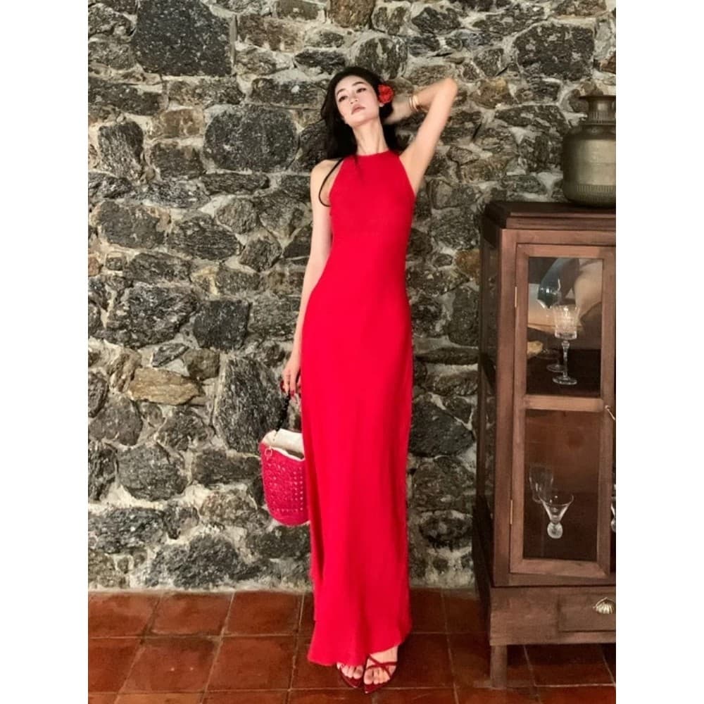 Francês elegante simples generoso High-End vermelho sem mangas vestido verão 2026 único lindo vestido longo de crochê