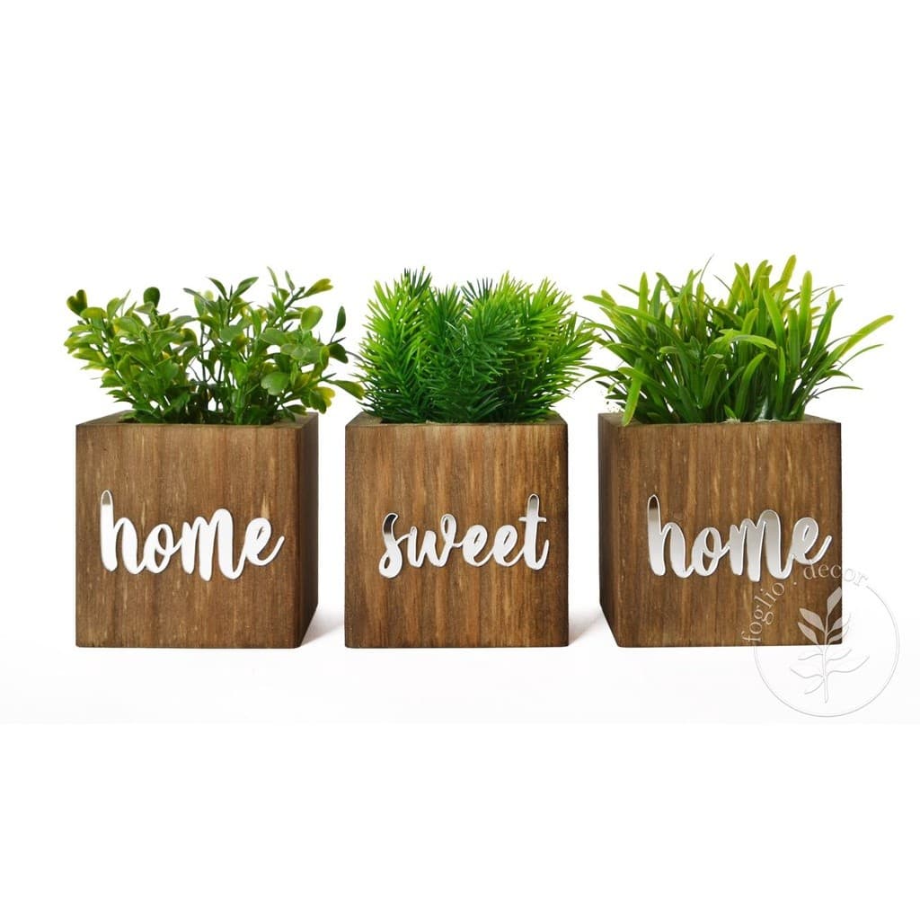 Kit 3 Vasinhos Decorativos com Plantas Artificiais Inclusas Frase Home Sweet Home Decoração Sala Quarto