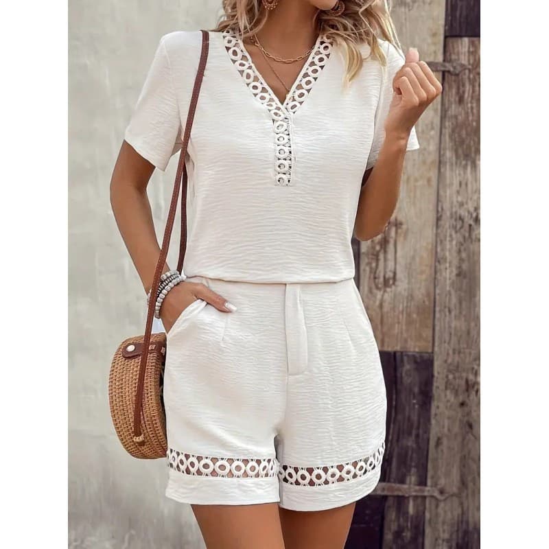42741 Conjunto de Shorts de Manga Curta em Algodão e Linho com Decote em V e Acabamento em Renda para Mulheres 1245