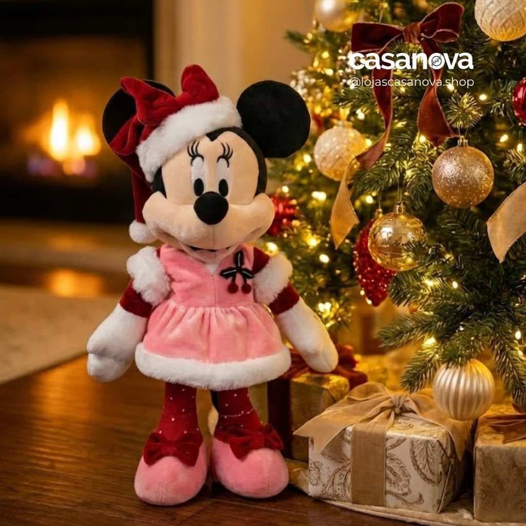 Pelúcia Minnie com Vestido Azevinho Rosa, Vermelho e Branco 36cm – Enfeite de Natal Disney Orginal