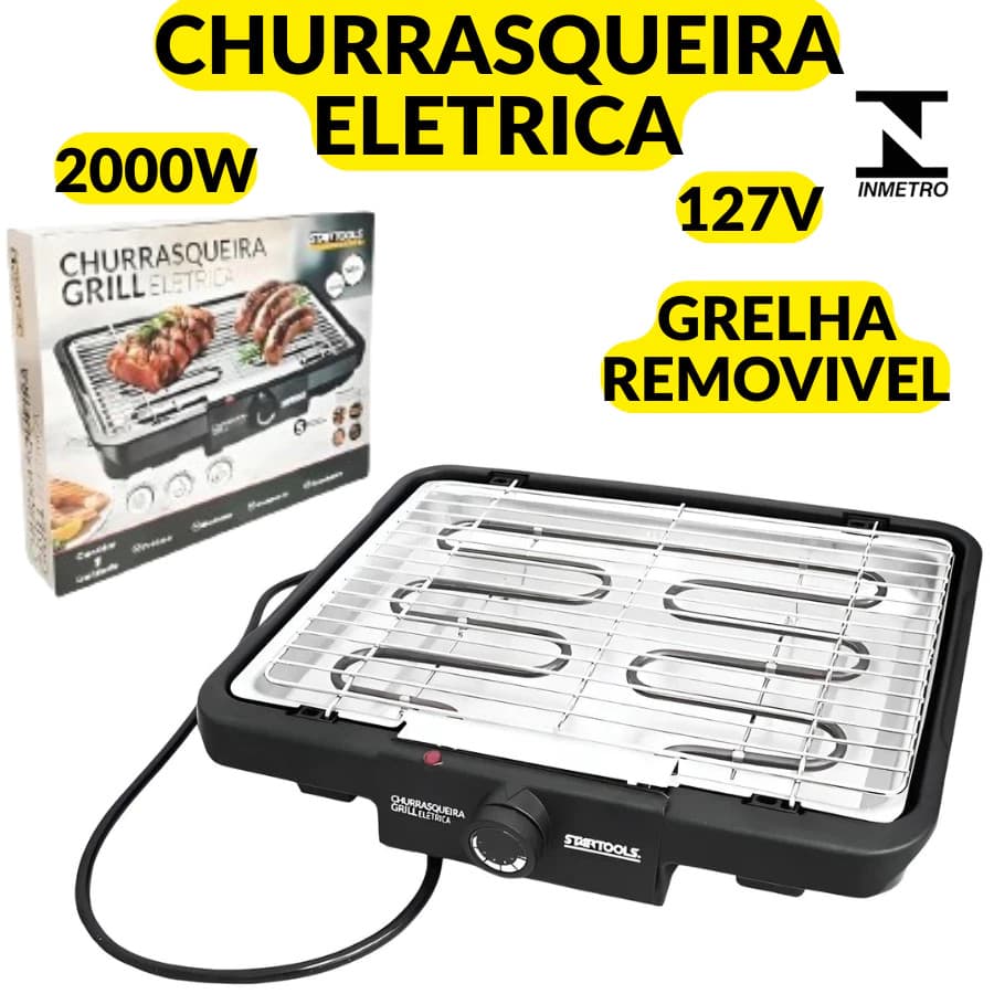Churrasqueira Elétrica 110V Com controle de temperatura, bandeja anti fumaça e grelha removível