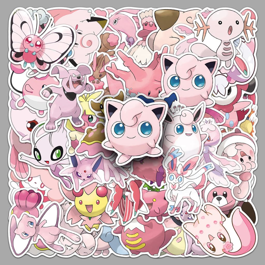 [Meow.Sensei]50 Adesivos Pokémon Rosa Desenho Animado Japonês Anime Personalizados Decoração Transfronteiriça Carro Garr