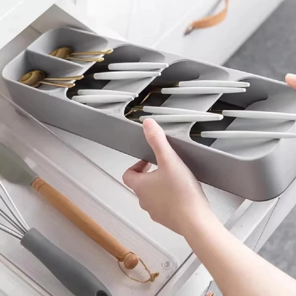 Organizador Suporte Compartimentos Faca Colher Armario Porta Talheres Gaveta Cinza Cozinha