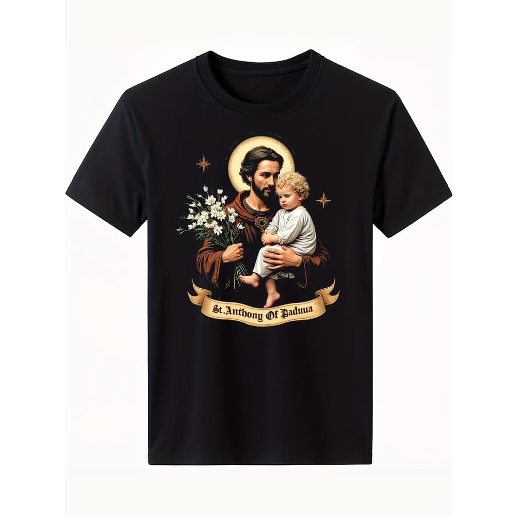 Camiseta Masculina Moderna Em Puro Algodão, Estampada Com Motivos Religiosos De Santo Antônio De Pádua E Do Menino Jesus