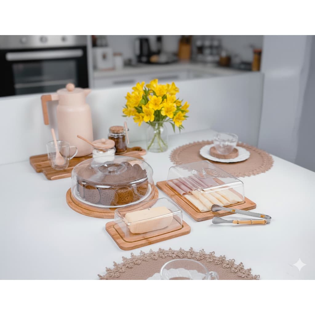Kit Café da Manhã Bambu 3 Itens - Boleira | Porta Frios | Manteigueira Ideal Cantinho do Café e Mesa Posta