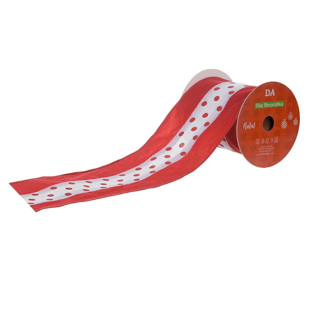 Fita Decorativa Natalina Aramada Poá Veludo com Costura 10cm x 9,14m Branco/Vermelho - Florarte