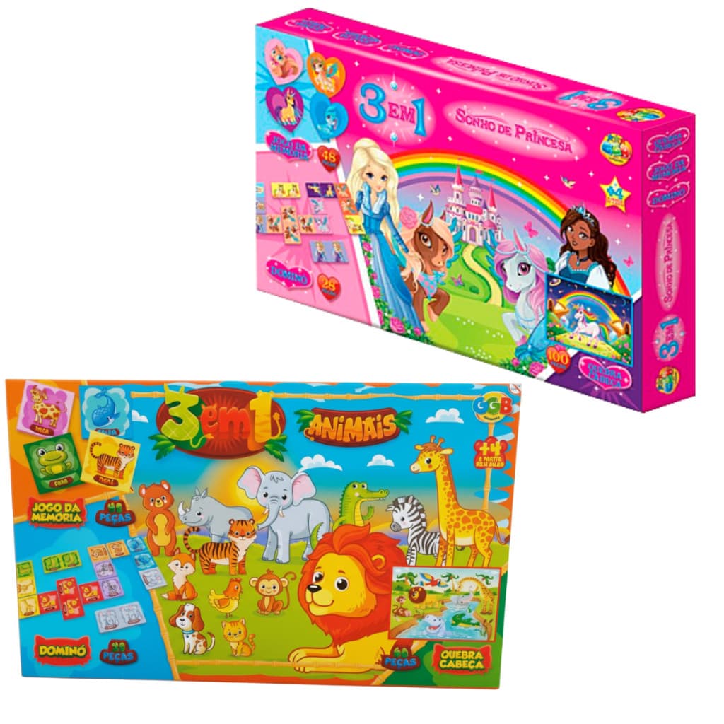 MEP Kit Quebra Cabeça Infantil 100 peças + Jogo da Memoria + Domino Jogos Educativos