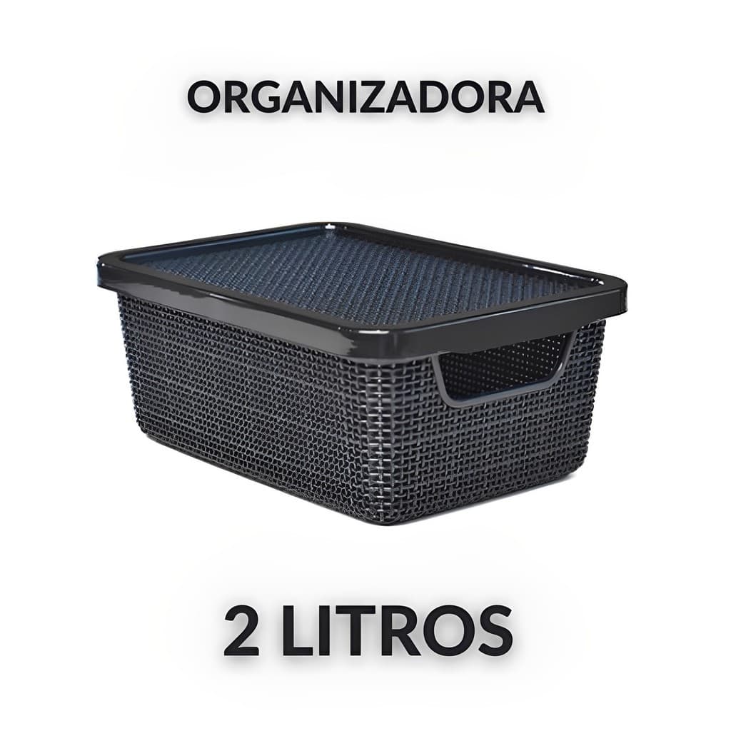 Caixa Organizadora Cesto Rattan JUTTA Preto 2 Litros Empilhável com tampa