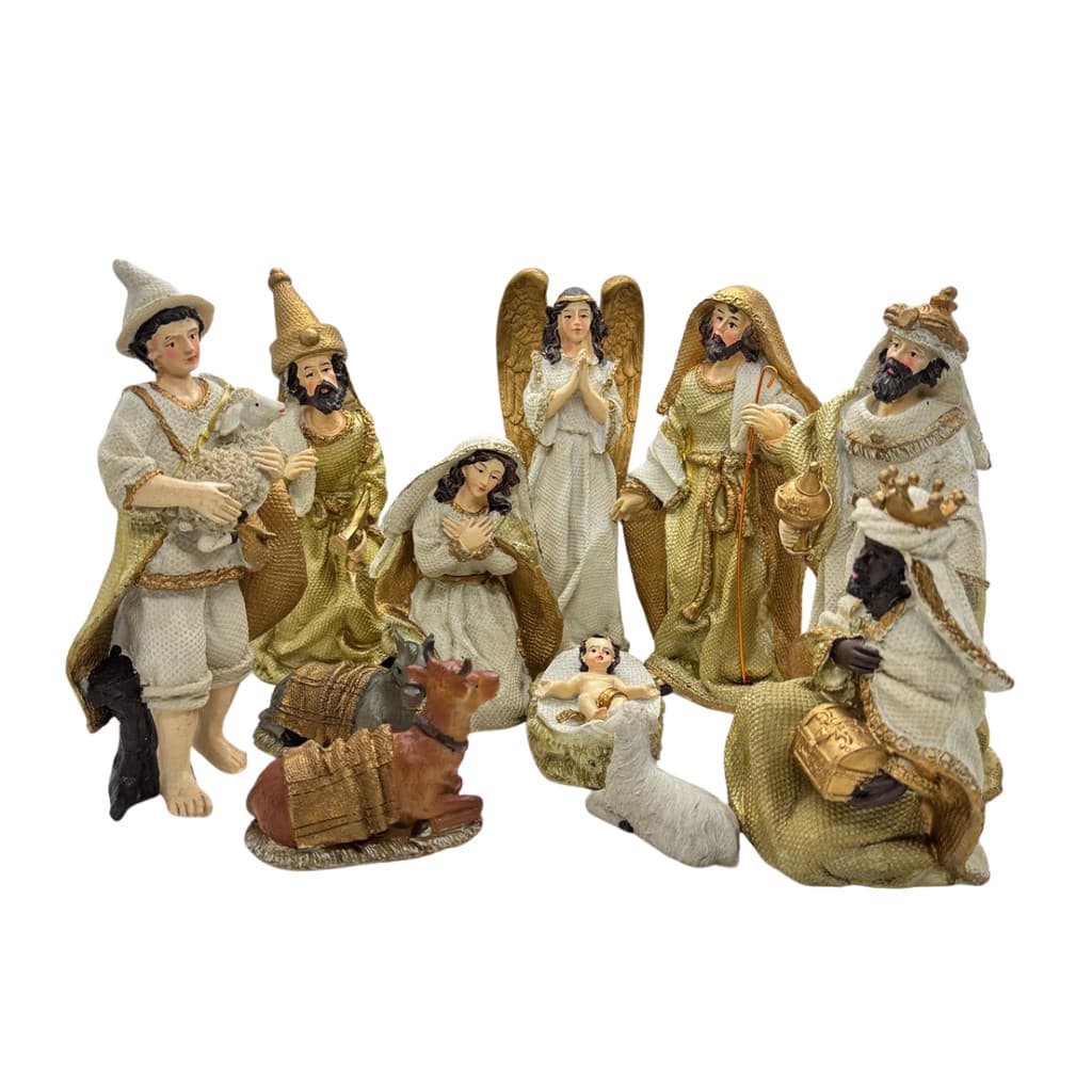 PRESÉPIO DE RESINA IMPORTADA DOURADO 11 PEÇAS 19CM