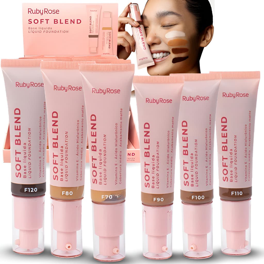 Base Líquida Soft Blend Ruby Rose 25ml Alta Cobertura Fixação Prolongada e Acabamento Natural