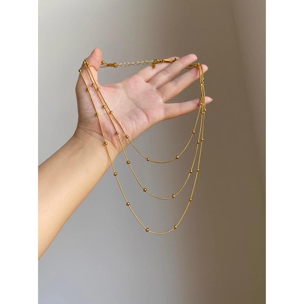 Colar Feminino Duplo de 3 Colares Rabo de rato com Bolinha Grande, Dourado/Prateado Aço Inox