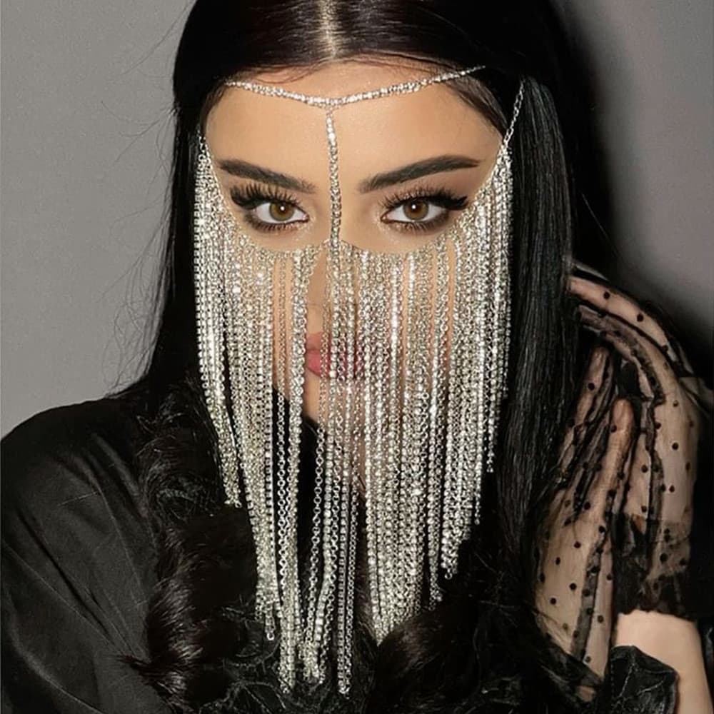 Máscara de franja, acessórios de strass, moda versátil e misterioso show de palco, acessórios de rosto feminino mask
