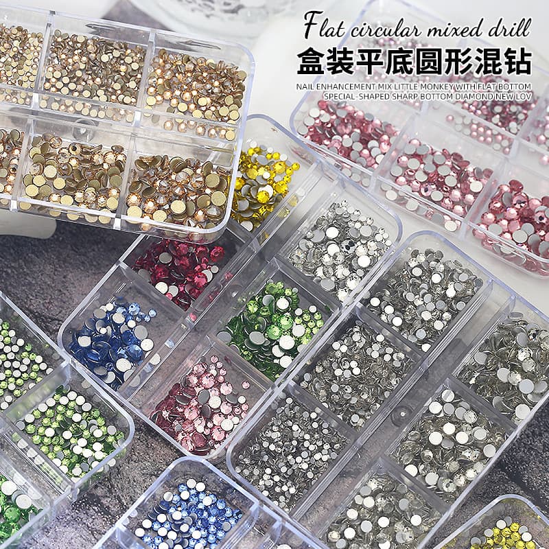 Misto 6 grade de fundo plano diamante Manicure acessórios Super Flash cor vidro transparente strass diy redondo diamante