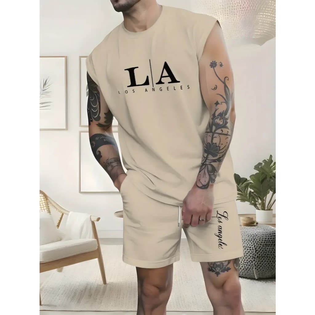 Conjunto Regata Machão Oversized Camiseta Masculina Bermuda Moletom Bolso Algodão Esporte Casual