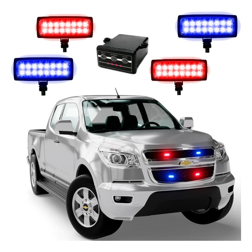 Estrobo Duplo Com 4 Faróis Led Azul Vermelho 12v Efeito Carro Moto Polícia Bombeiro Emergência Ronda