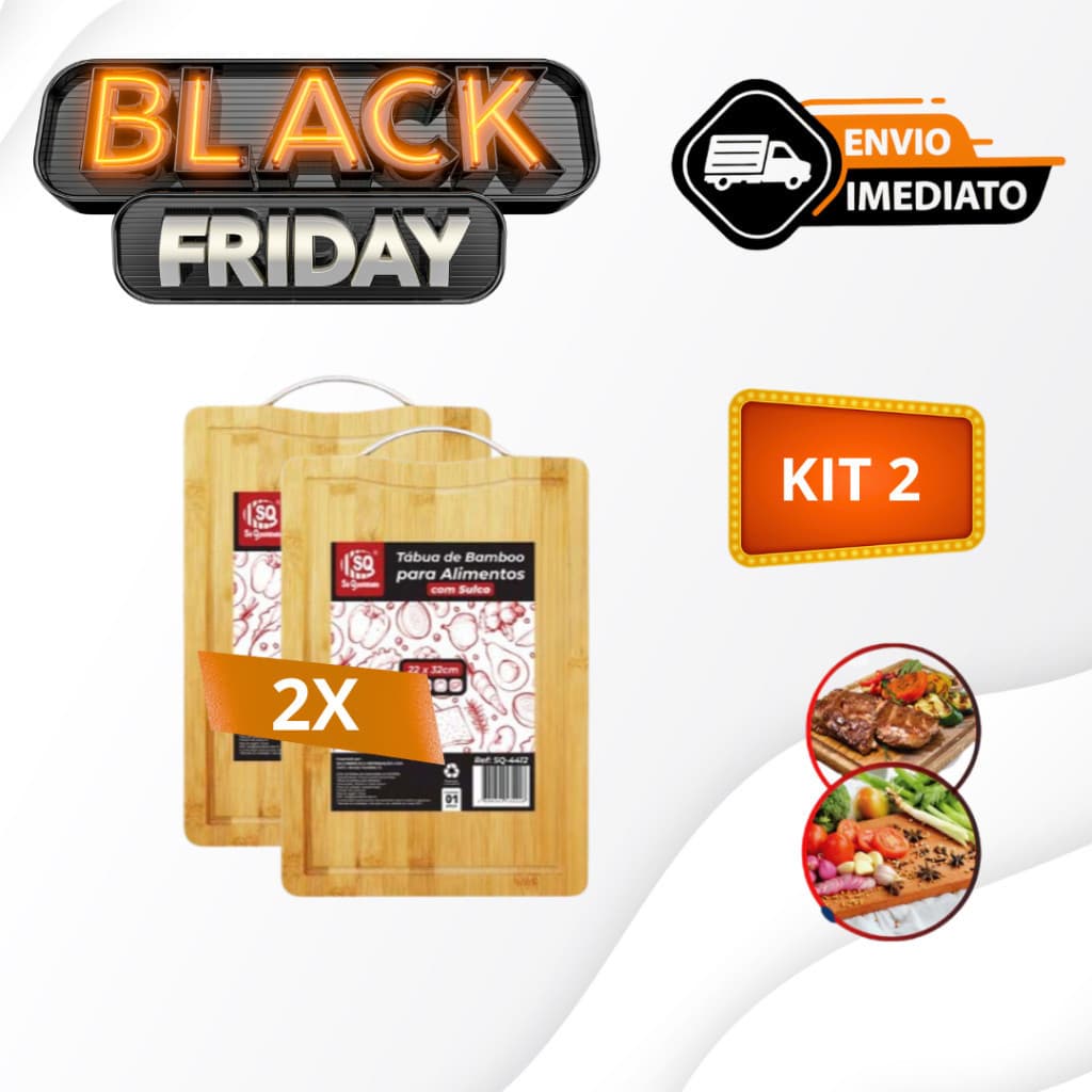 Kit 2 Tábuas de Alimentos Em Bambu Com Sulco Com Alça Metálica