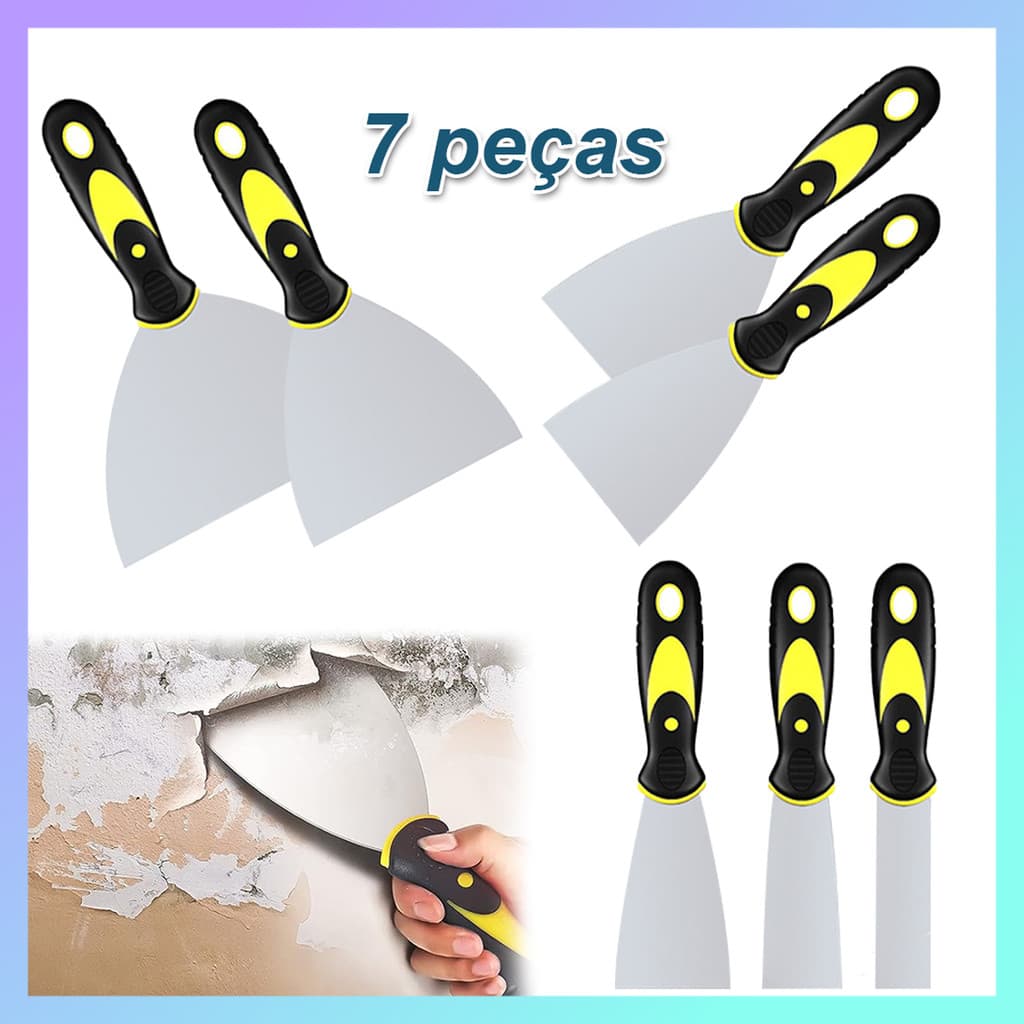 7 espátulas para reparo de parede aço inoxidável, lâmina flexível, cabo antiderrapante, para drywall e massa