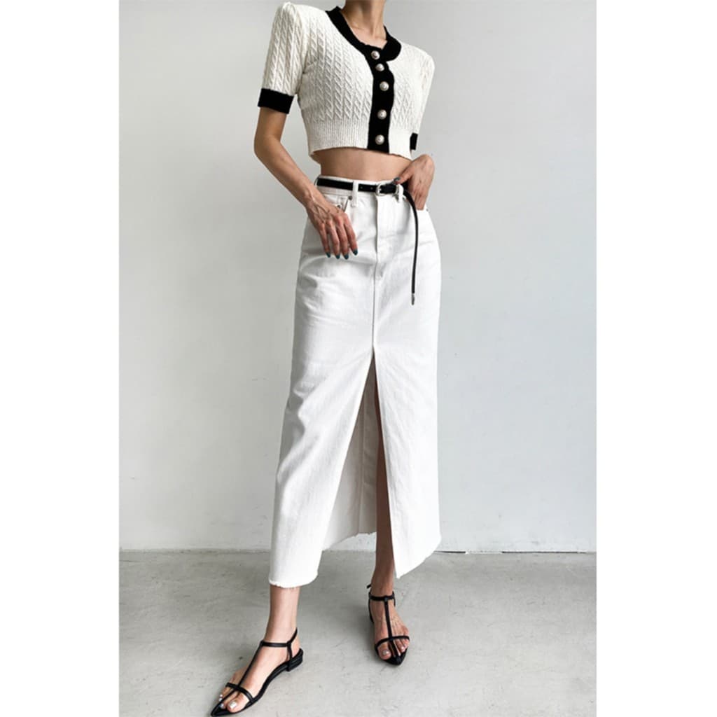 Saia de fenda frontal feminina verão novo estilo cintura alta zíper saia reta pequena Commuter versão coreana terno de c