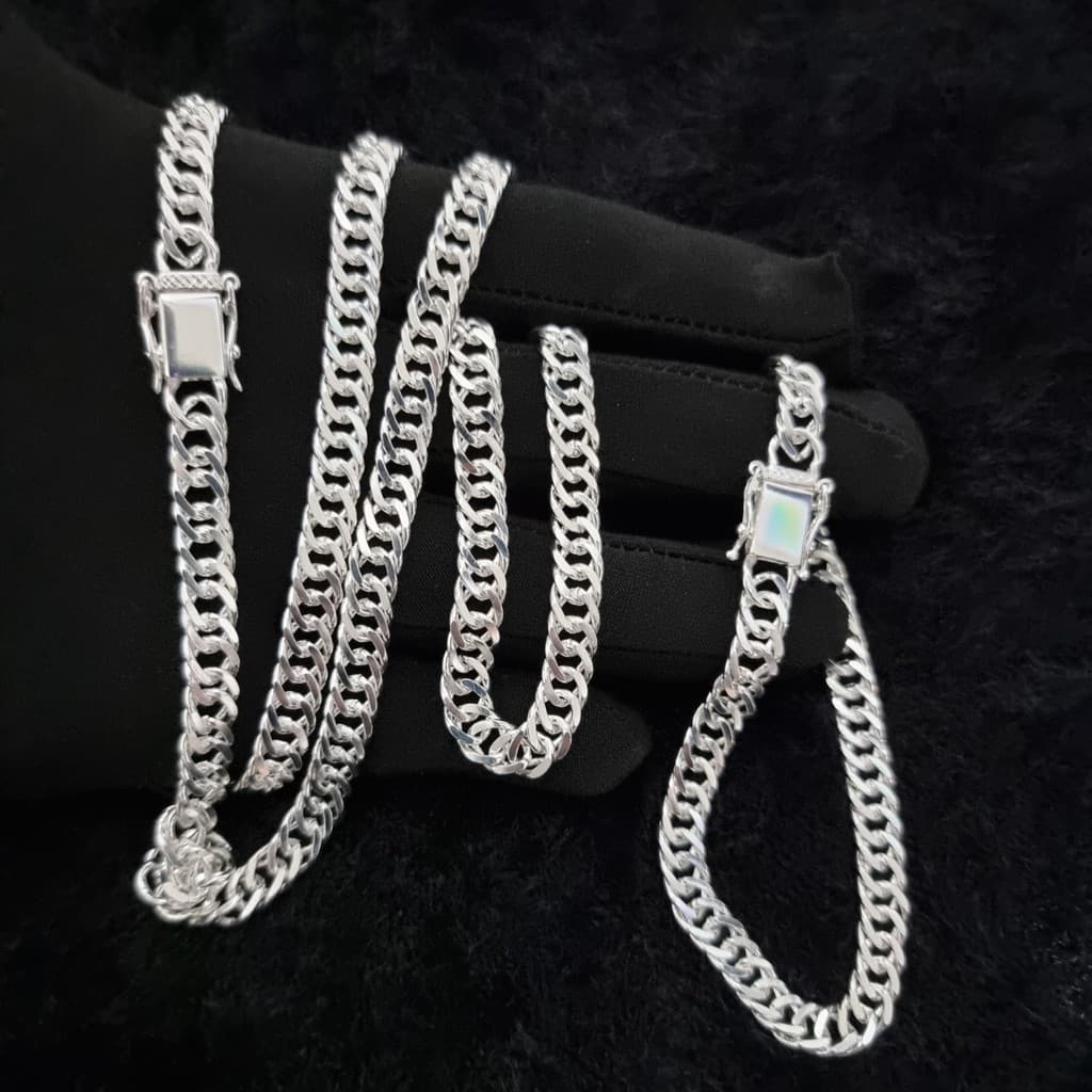 Conjunto Corrente E Pulseira Elo Duplo 7mm Banhado À Prata 925