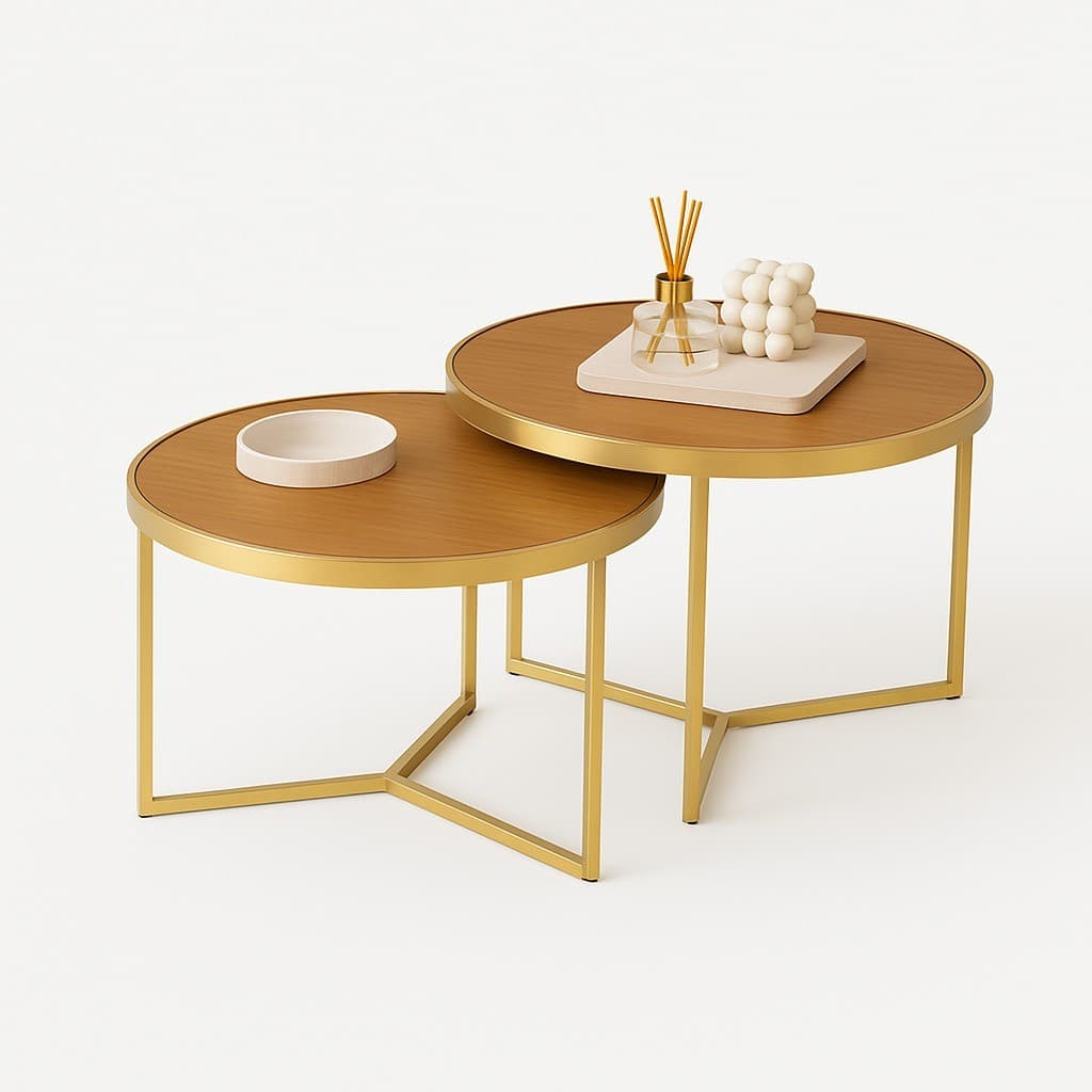 Kit 2 Mesas Mesinhas Centro de Decoração - Metal Dourada com Tampo Amadeirado Cinamomo