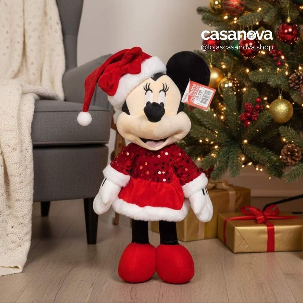 Pelúcia Minnie em Pé 45cm com Blusa de Lantejoulas Vermelha/Branca – Enfeite de Natal Disney Orginal