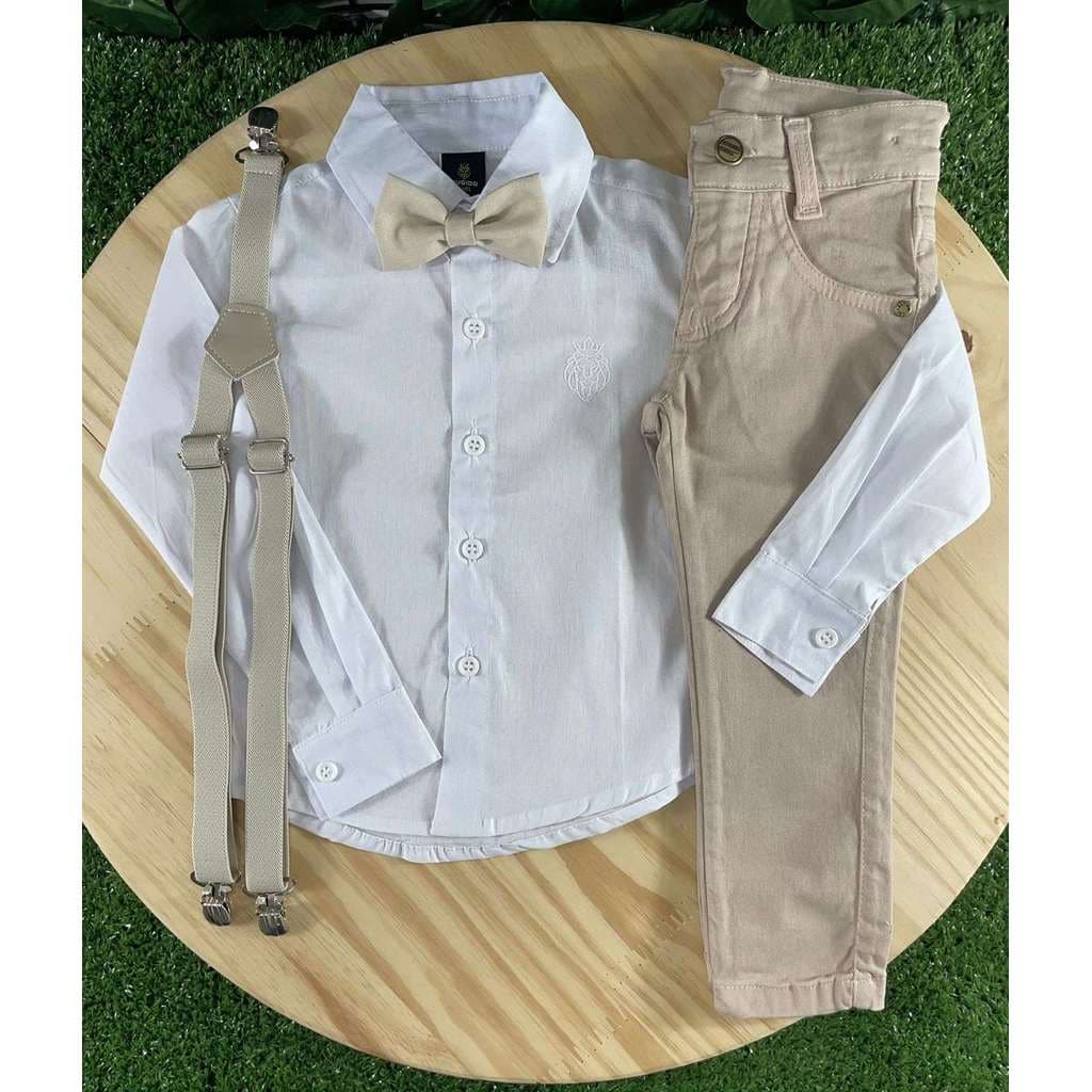 Conjunto Roupa Social Batizado Calça Bege Camisa Suspensório Gravata Formatura Pajem Casamento Festa