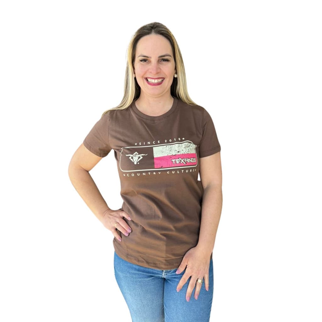 CAMISETA FEMININA TEXANOS MANGA CURTA MARROM ESTAMPADA REF: 12595