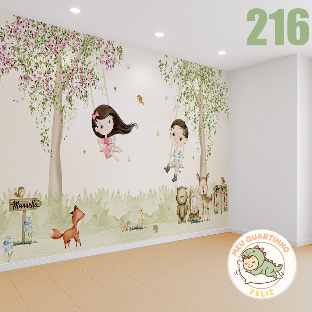 Papel de Parede  para quarto de Irmãos Menina e Menino Gêmeos Personalizado M²  + Nomes Árvores