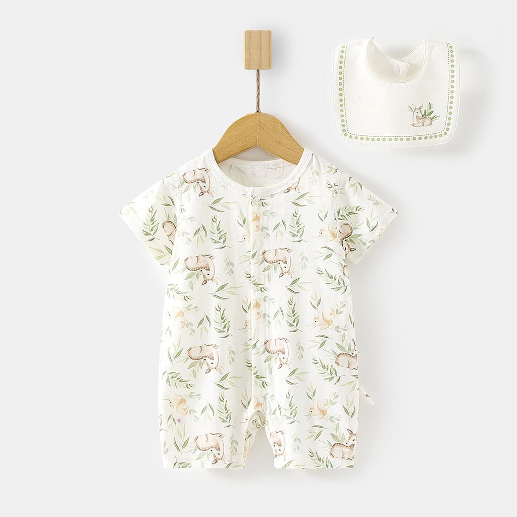 Bebê gelo oxigênio algodão manga curta macacão bebê verão fino macacão bebê ar condicionado roupas macacão babador livre