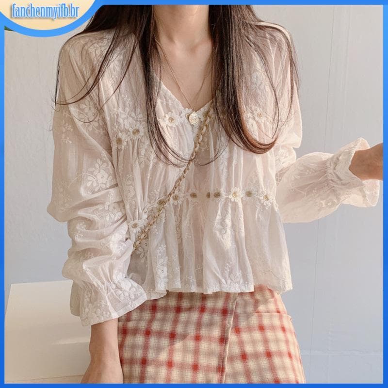 Coreano doce camisa branca 2024 nova flor de renda feminina Com Decote Em V oversized feminino top 13037