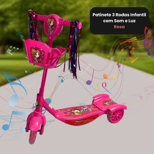 Patinete Infantil Triciclo Dobrável Com Luzes E Som Rosa Freio Traseiro Seguro Estavel Rodas Brilham