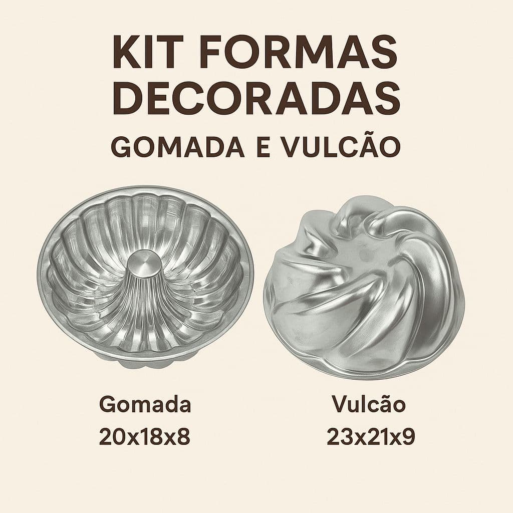 Kit 2 Formas para Bolo e Torta – Modelo Decorada Gomada e Vulcão – Alumínio 100%