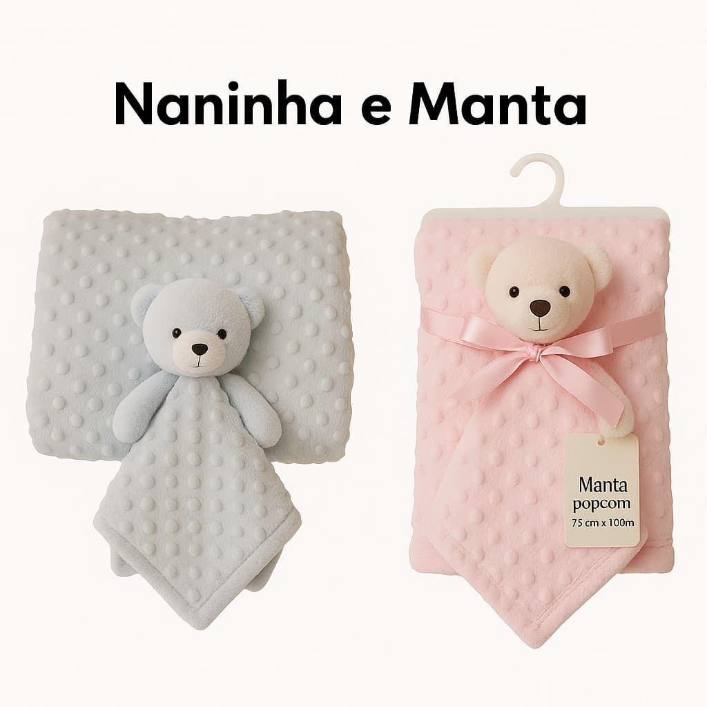 Kit Naninha e Manta de Bebê Pipoquinha Safari Pelúcia Animais Ultra Macia