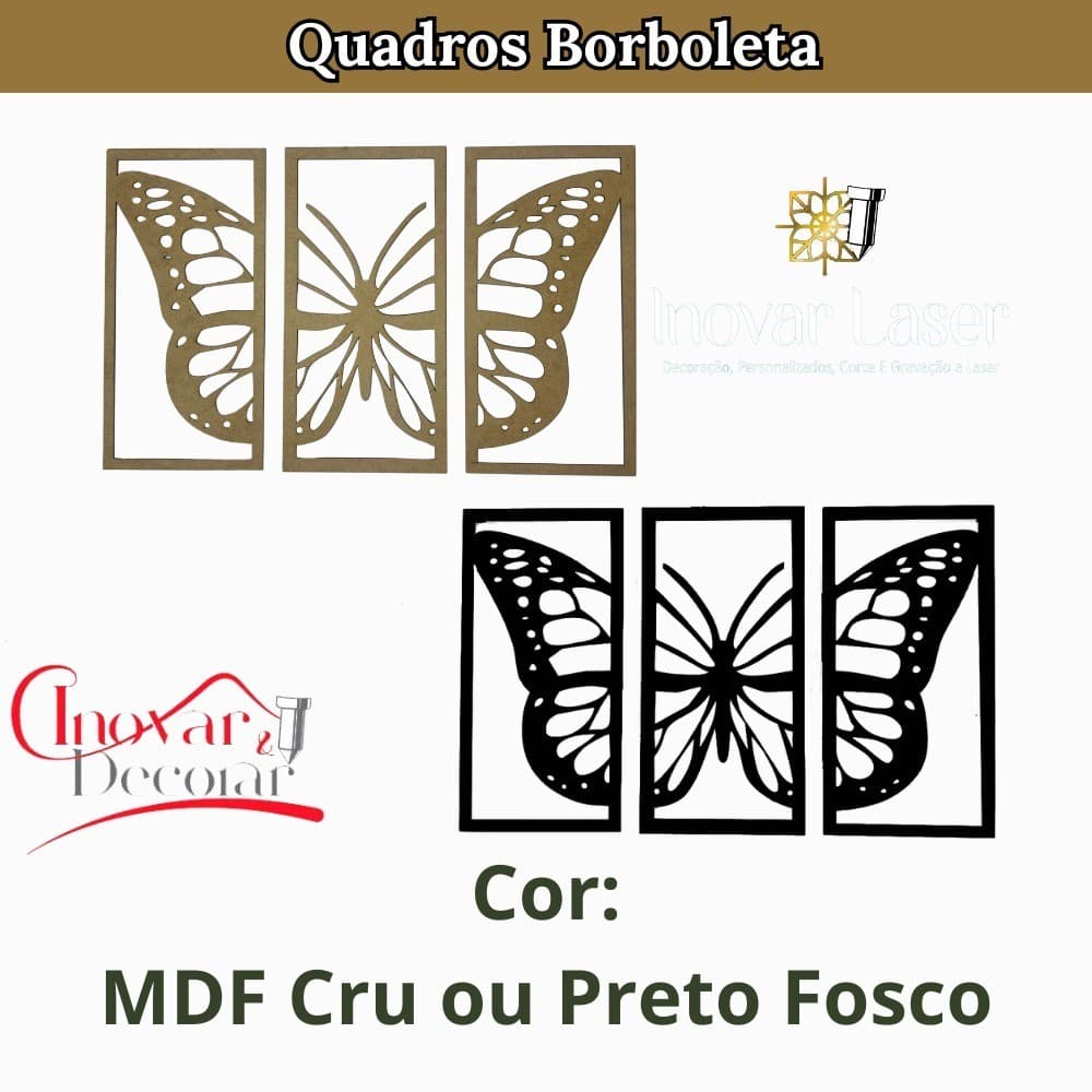 Trio de Quadros Decorativo Borboleta MDF