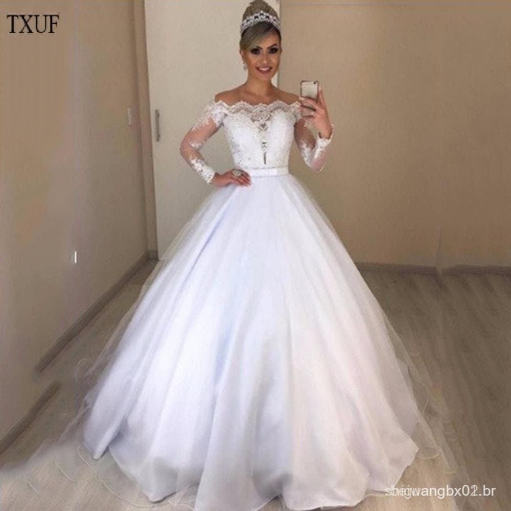 Vestido de Noiva Elegante de Renda com Mangas Longas e Design Ombro a Ombro WL42 XOFS
