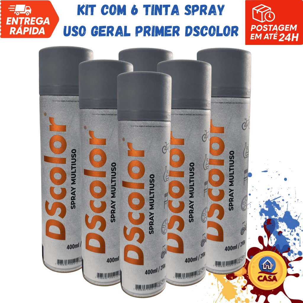 Tinta Spray Uso Geral Cinza Primer DSColor - Kit com 6 unidades